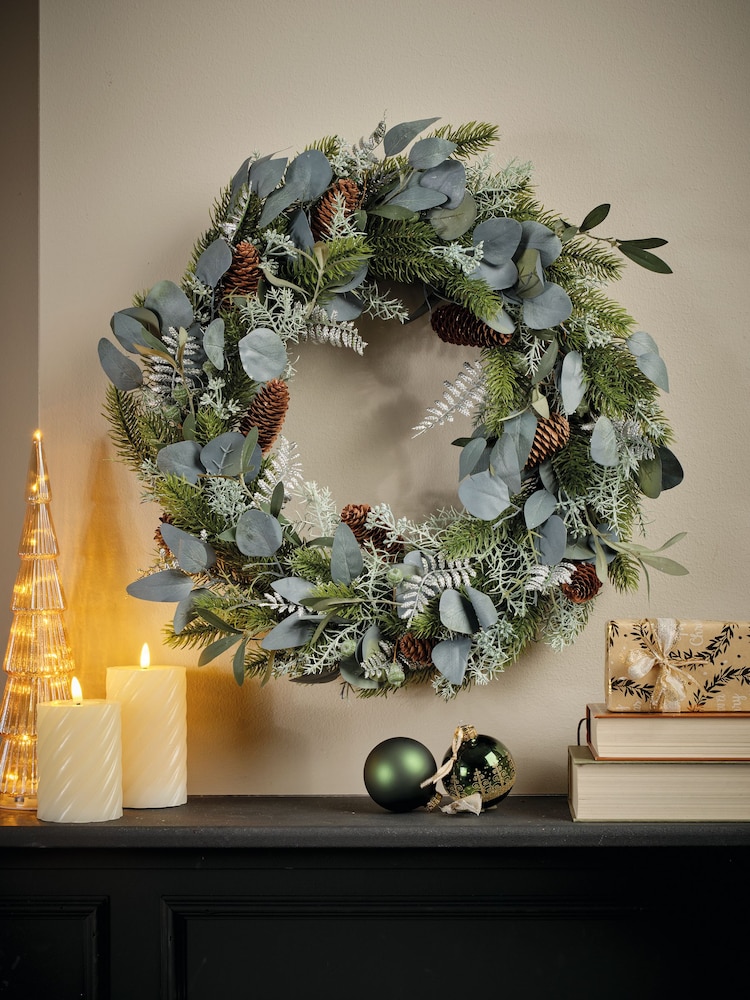 Everlands Silver Indoor Christmas Wreath With Leaves and Pinecones - Image 1 of 2