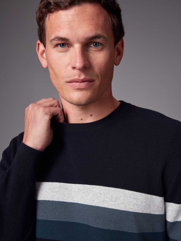 Navy Blue 100% Cotton Horizontal Stripe Crew Jumper - Image 1 of 9 Navy Blue 100% Cotton Horizontal Stripe Crew Jumper - Image 1 of 9