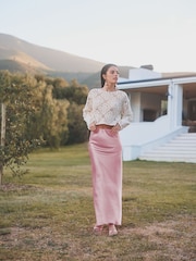 Rose Pink Tailored Satin Midi Skirt - Image 1 of 5