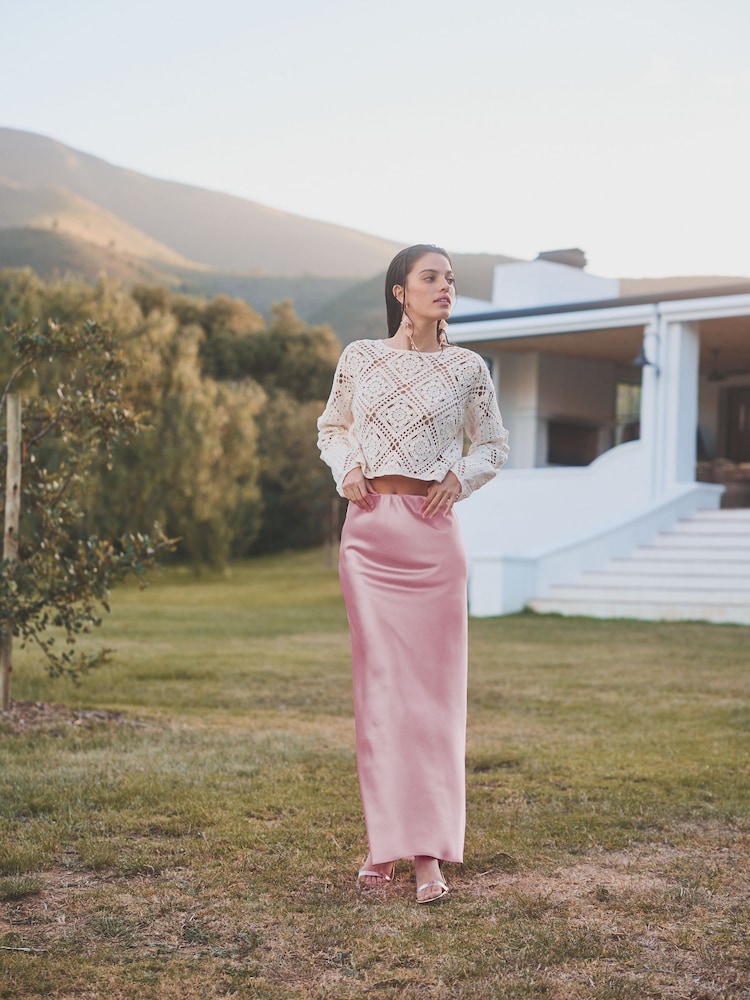Rose Pink Tailored Satin Midi Skirt - Image 1 of 5