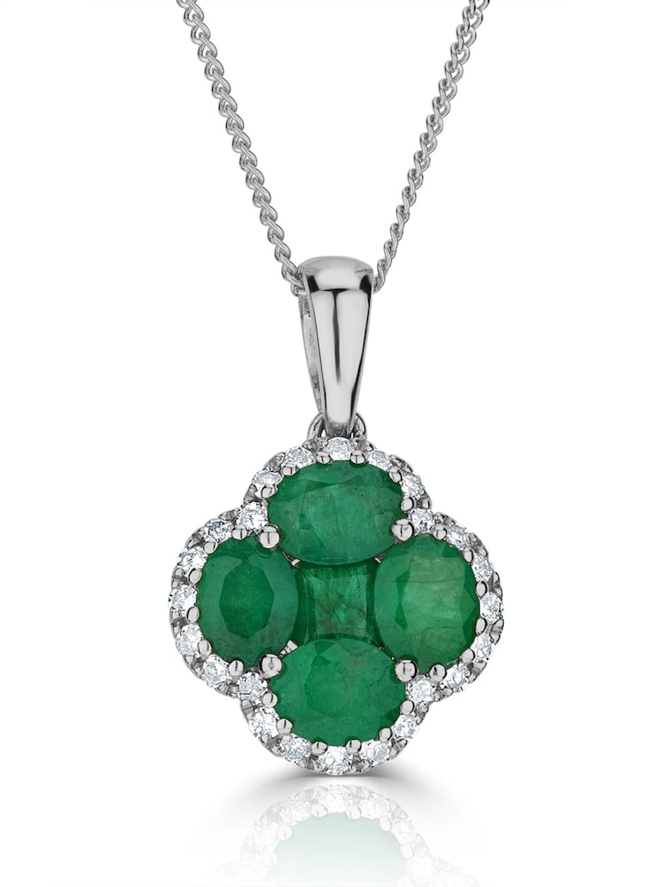 The Diamond Store Emerald 1.08ct Diamond 9k White Gold Clover Necklace - Image 1 of 3