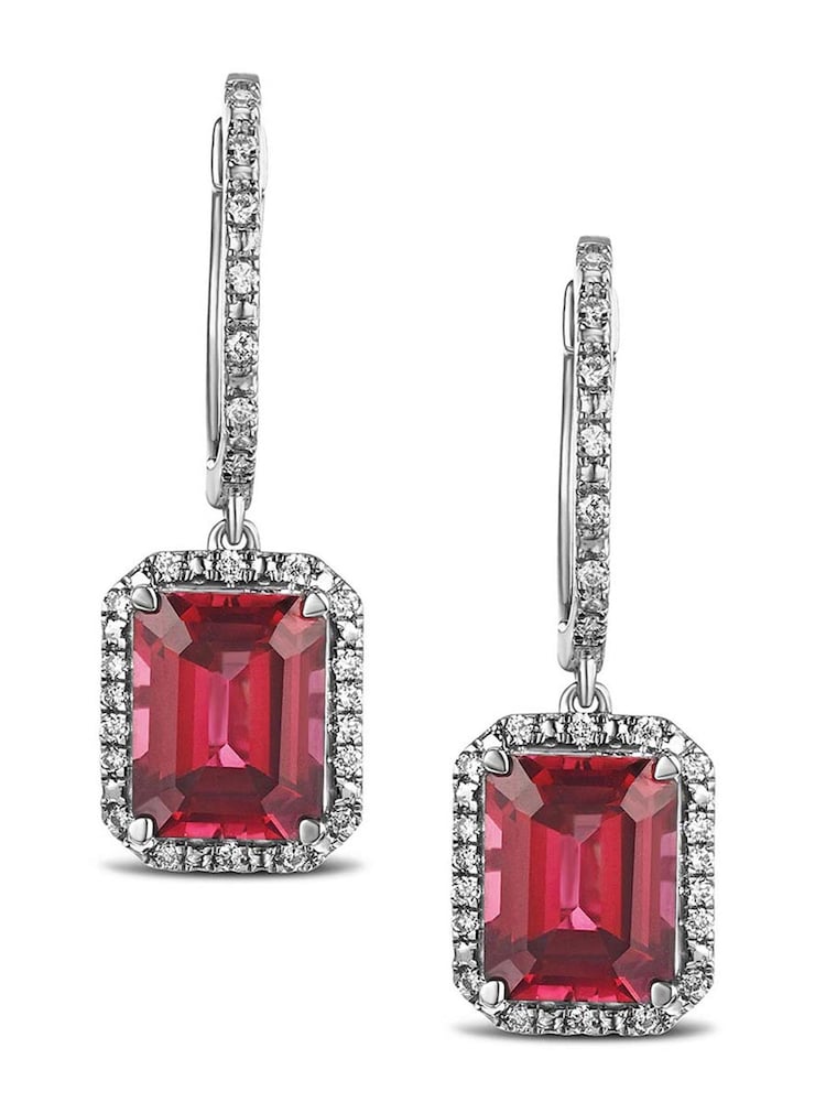 The Diamond Store Red Astra 3.50ct Lab Ruby And Diamond Halo Drop Earrings - Image 1 of 6