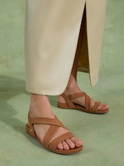 Dune London Brown Standard Fit Landies Cross Strap Comfort Flat Sandals - Image 1 of 9
