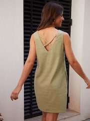 Threadbare Green Linen Blend V-Neck Shift Dress - Image 2 of 4
