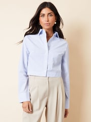Threadbare Blue Cropped Elasticated Hem Boxy Long Sleeve 100% Cotton Shirt - Image 2 of 5