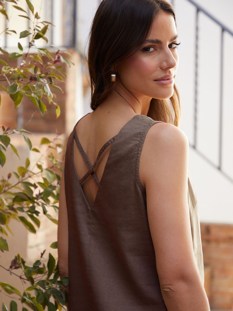 Threadbare Brown Linen Blend V-Neck Shift Dress - Image 4 of 4