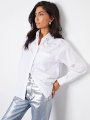 Threadbare White Loose Fit 100% Cotton Embellished Long Sleeve Shirt - Image 2 of 5