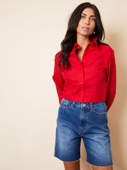 Threadbare Red Cropped Elasticated Hem Boxy Long Sleeve 100% Cotton Shirt - Image 1 of 4