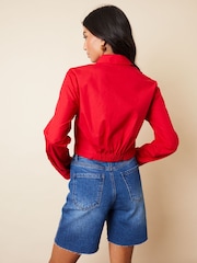 Threadbare Red Cropped Elasticated Hem Boxy Long Sleeve 100% Cotton Shirt - Image 2 of 4
