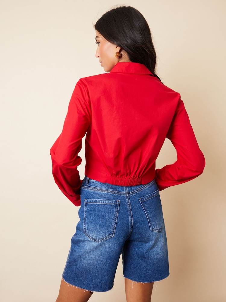 Threadbare Red Cropped Elasticated Hem Boxy Long Sleeve 100% Cotton Shirt - Image 2 of 4