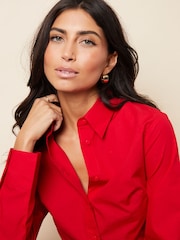 Threadbare Red Cropped Elasticated Hem Boxy Long Sleeve 100% Cotton Shirt - Image 4 of 4