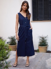 Threadbare Blue Linen Blend Belted Button Down Maxi Dress - Image 1 of 5