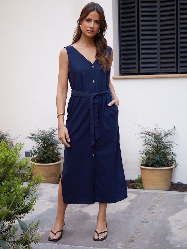 Threadbare Blue Linen Blend Belted Button Down Maxi Dress - Image 1 of 5