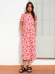 Threadbare Red 100% Cotton Leopard Print Smock Style Midi Dress - Image 4 of 4