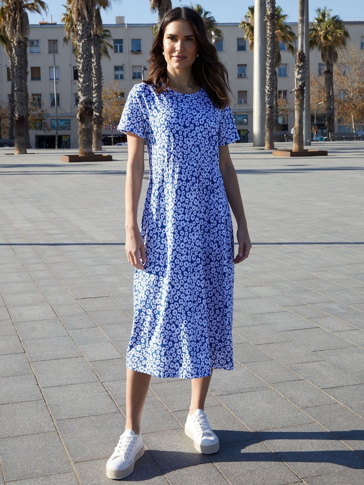 Threadbare Blue 100% Cotton Smock Style Midi Dress - Image 3 of 5