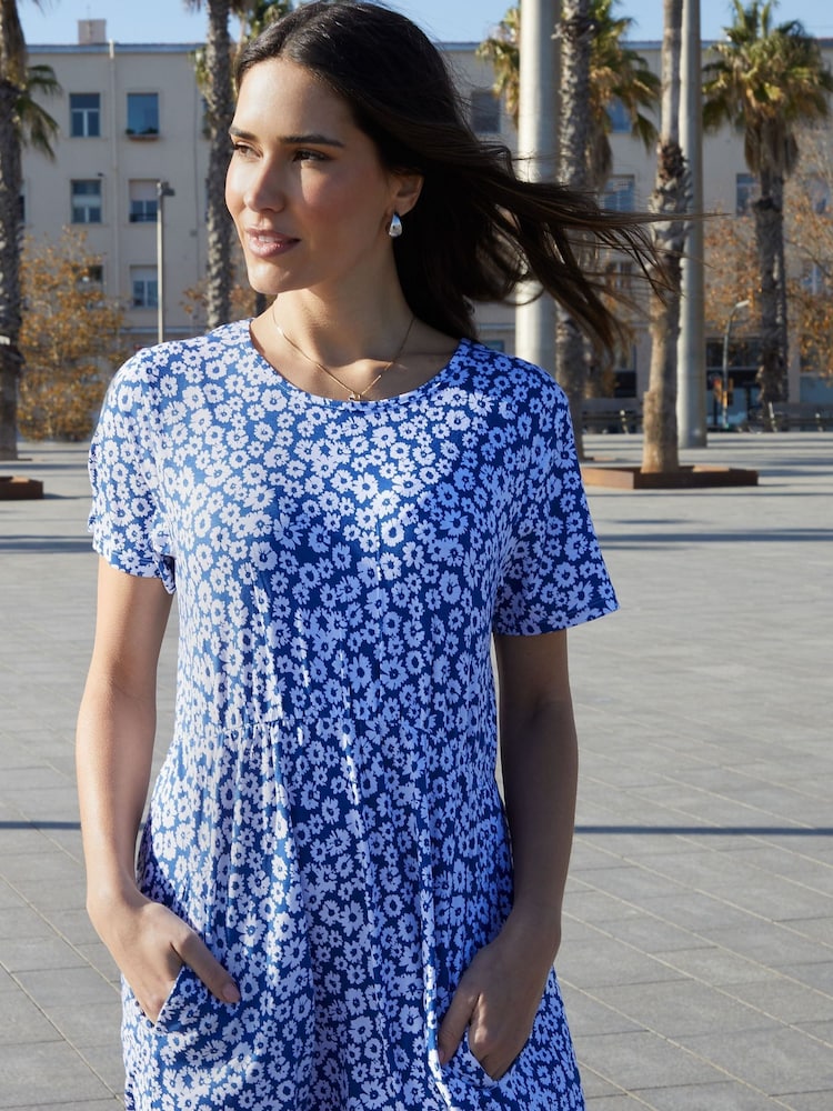Threadbare Blue 100% Cotton Smock Style Midi Dress - Image 4 of 5
