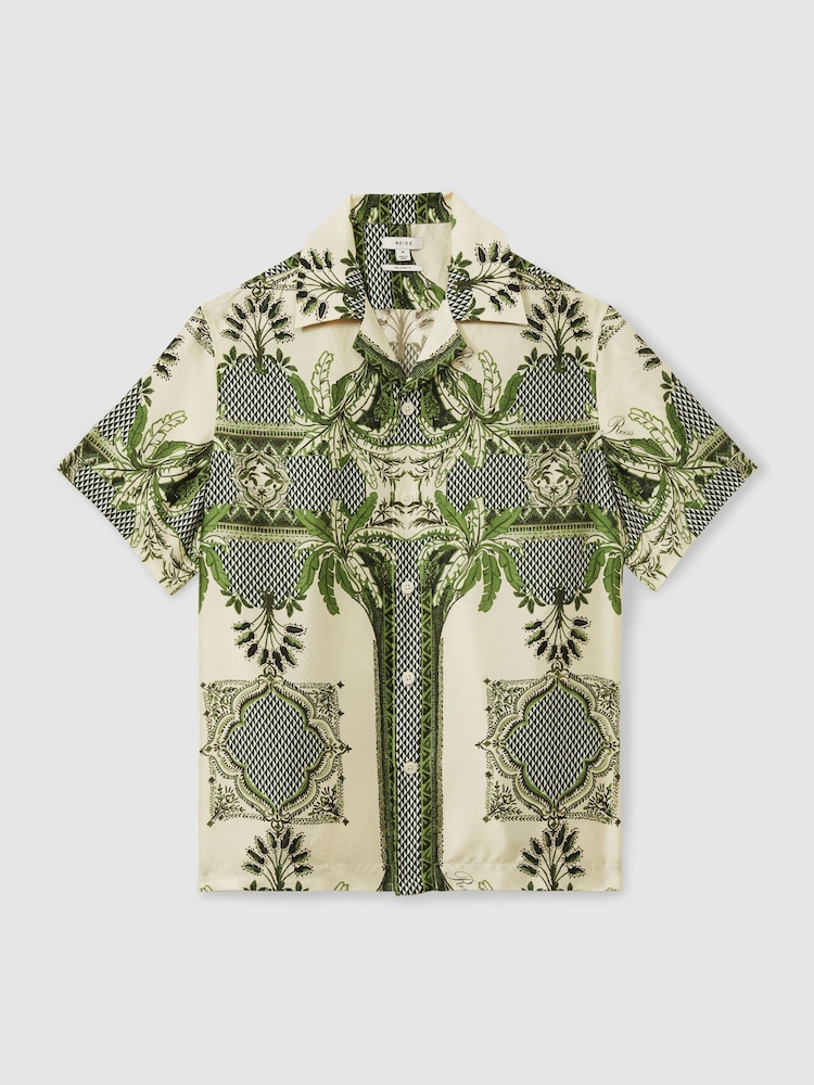 Reiss Bright Green Lulu Relaxed Palm Print Cuban Collar Shirt - Image 2 of 5