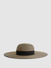 Reiss Black/Neutral Emilia Paper Straw Wide Brim Hat - Image 1 of 4