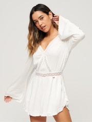 Superdry White Embroidered Flare Sleeve Cut Out Playsuit - Image 3 of 9