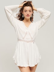 Superdry White Embroidered Flare Sleeve Cut Out Playsuit - Image 6 of 9