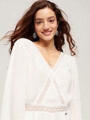 Superdry White Embroidered Flare Sleeve Cut Out Playsuit - Image 7 of 9