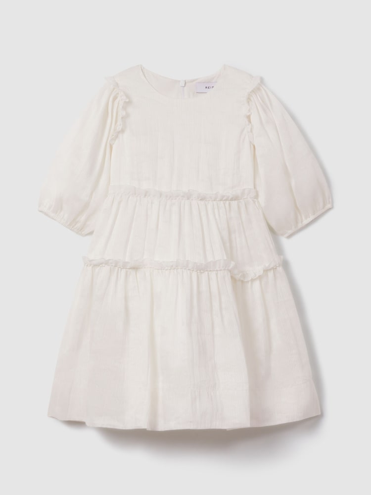Reiss Ivory Tash 13-14 yrs Tiered Linen Blend Puff Sleeve Dress - Image 1 of 4