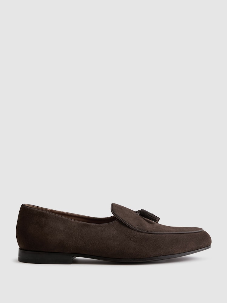 Reiss Dark Brown Harry Suede Slip-On Belgian Loafers - Image 1 of 5 Reiss Dark Brown Harry Suede Slip-On Belgian Loafers - Image 1 of 5