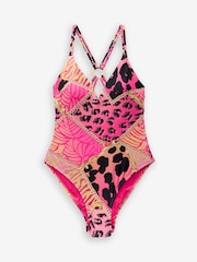Myleene Klass Rosa Leopard​​​​​​​ - Tief ausgeschnittener, bauchformender Badeanzug mit Riemchendesign hinten und Bügeln - Bild 6 von 6