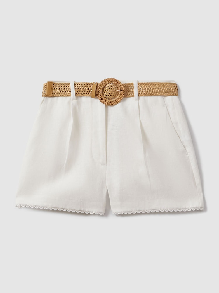 Reiss White Belle Linen Belted Shorts - Image 2 of 6