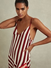 Reiss Burgundy/Off White Holly Colourblock Stripe Asymmetric Midi Dress - Image 3 of 6