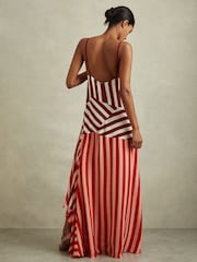 Reiss Burgundy/Off White Holly Colourblock Stripe Asymmetric Midi Dress - Image 4 of 6