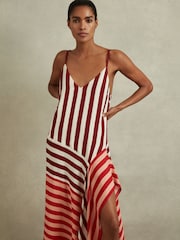 Reiss Burgundy/Off White Holly Colourblock Stripe Asymmetric Midi Dress - Image 5 of 6