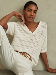 Reiss Ivory Carla Knitted Open-Collar Polo Shirt - Image 1 of 5