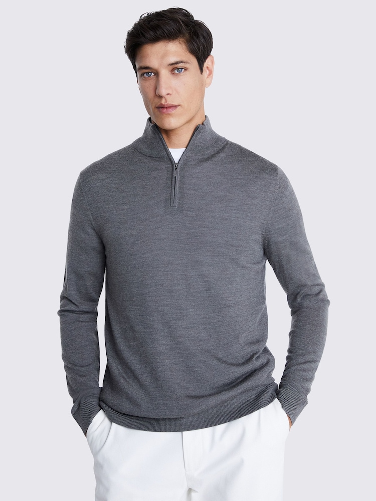 MOSS Khaki Merino Blend Quarter Zip Jumper - Image 1 of 3