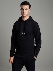 Reiss Navy Blue Fabien Interlock Jersey Drawstring Hoodie - Image 1 of 7