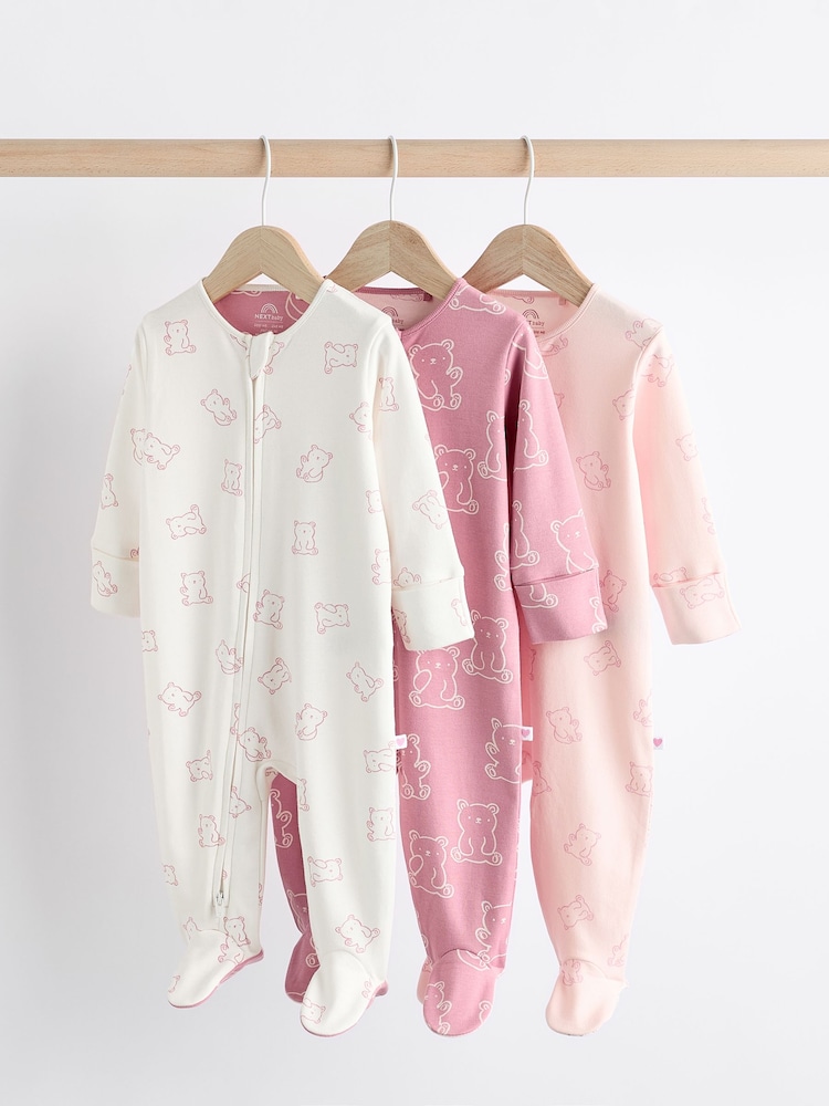 Pink Baby 100% Cotton Printed 3 Pack Sleepsuits (0-2yrs) - Image 1 of 12