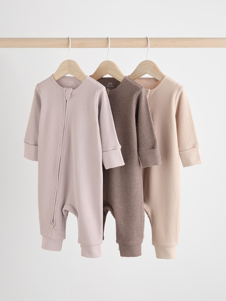 Chocolate Brown 100% Cotton Two Way Zip Baby Sleepsuit 3 Pack (0mths-3yrs) - Image 1 of 12