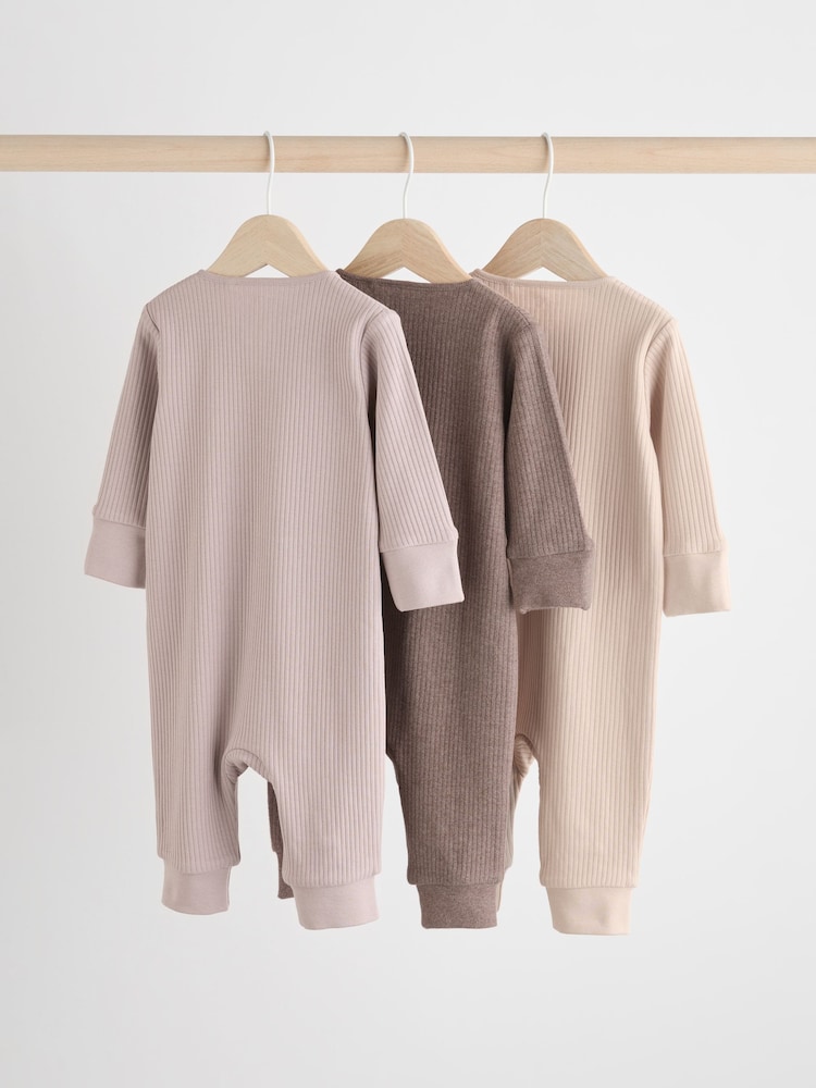 Chocolate Brown 100% Cotton Two Way Zip Baby Sleepsuit 3 Pack (0mths-3yrs) - Image 2 of 12