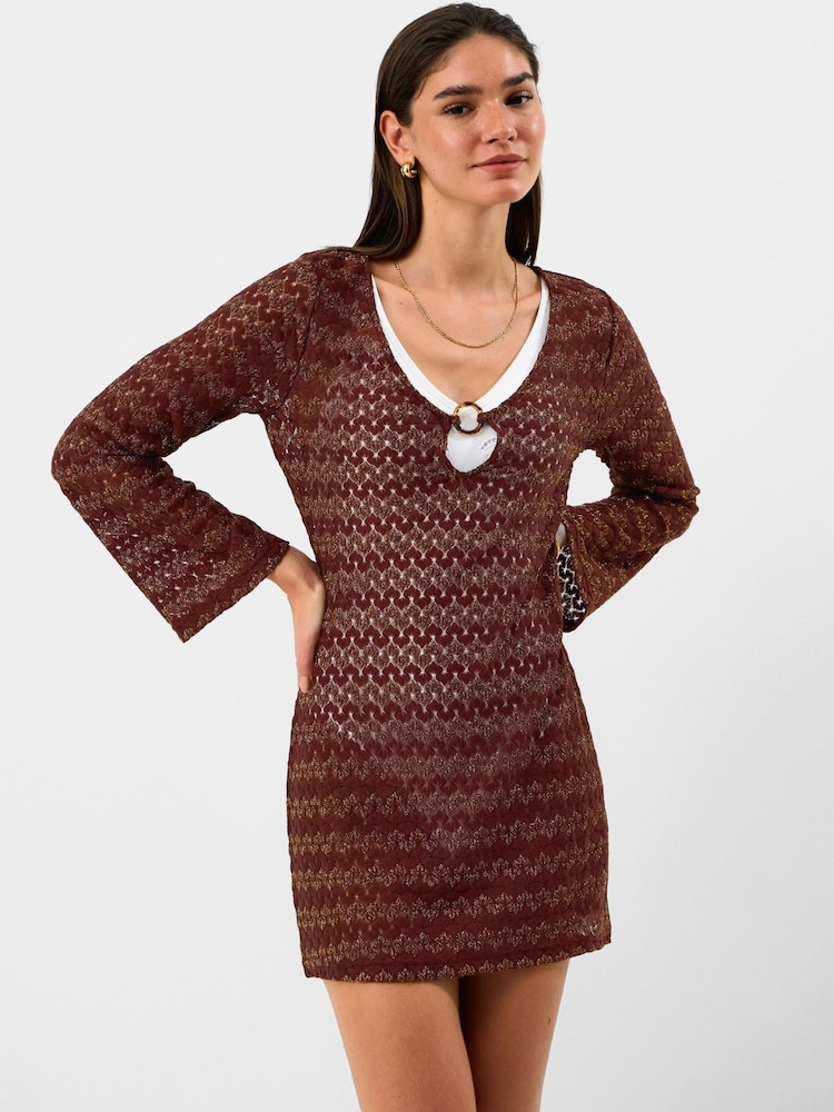 Accessorize Brown Shimmer Crochet Cover Up - Image 2 of 4 Accessorize Brown Shimmer Crochet Cover Up - Image 2 of 4