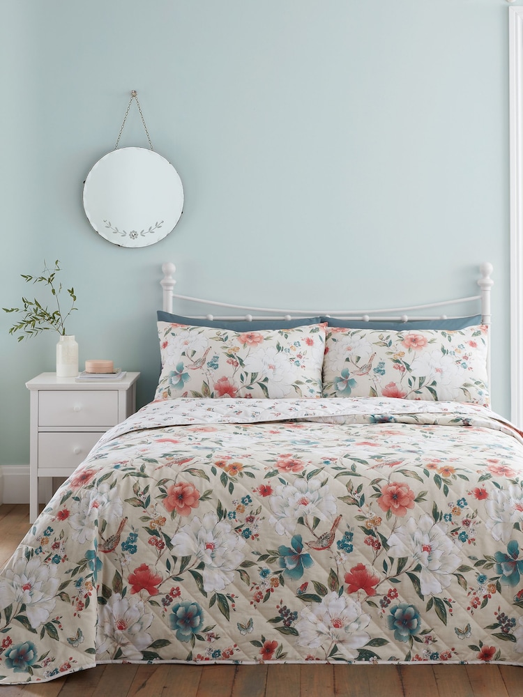 Catherine Lansfield Natural Pippa Floral Birds Reversible Quilted Bedspread - Image 1 of 2
