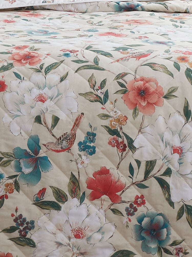 Catherine Lansfield Natural Pippa Floral Birds Reversible Quilted Bedspread - Image 2 of 2