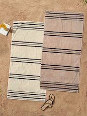 Catherine Lansfield Set of 2 Natural Banded Stripe 100% Cotton Beach Towel - Image 1 of 3