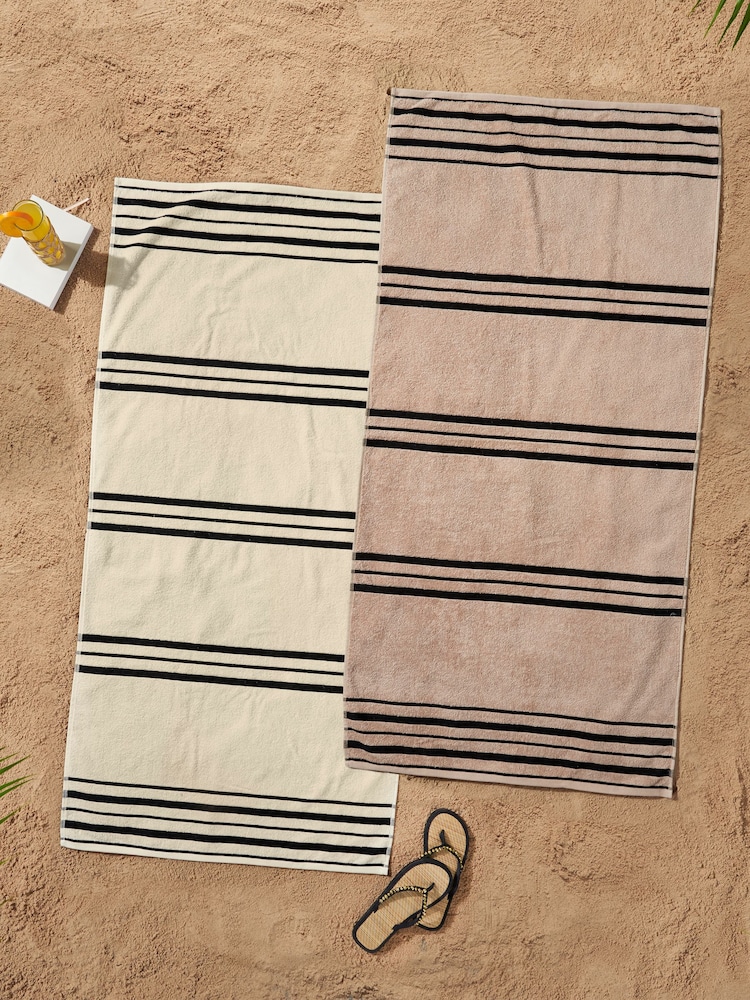 Catherine Lansfield Set of 2 Natural Banded Stripe 100% Cotton Beach Towel - Image 1 of 3
