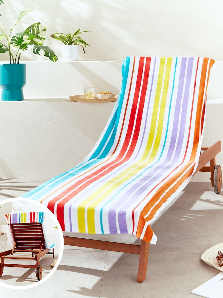 Catherine Lansfield White 100% Cotton Rainbow Stripe Extra Long Beach Towel - Image 1 of 4