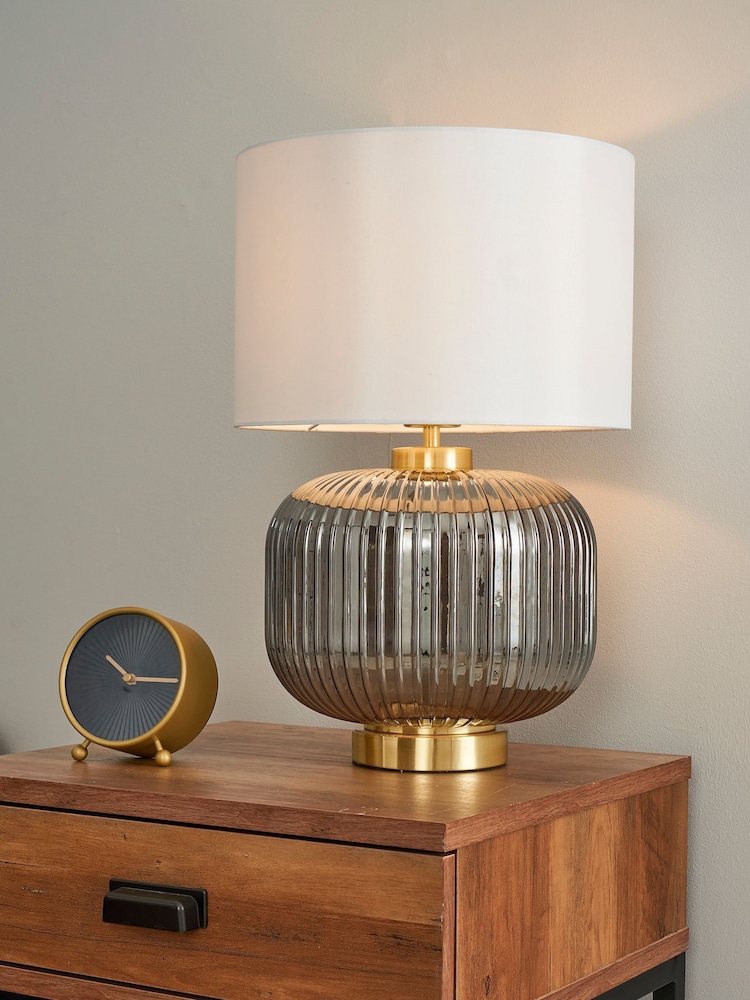 BHS Satin Brass Lyna Smoke Glass Table Lamp - Image 1 of 5