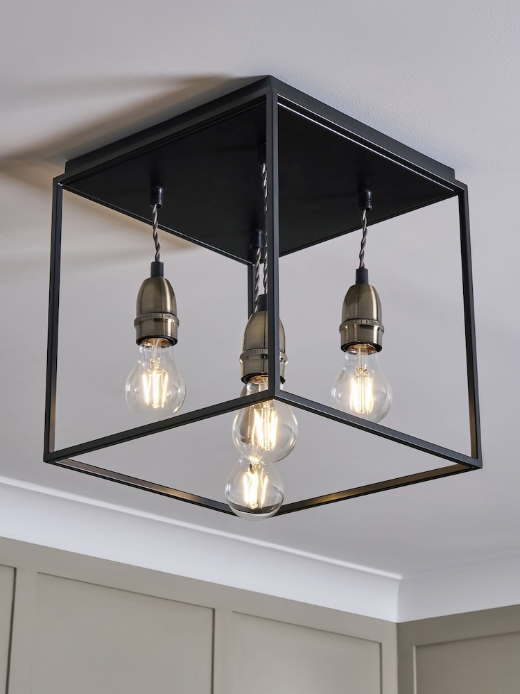 BHS Black Dexter Industrial 3 Light Flush Ceiling Light - Image 1 of 6
