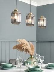 BHS Satin Brass Lyna Smoke Glass 3 Light Linear Pendant Bar Ceiling Light - Image 1 of 7