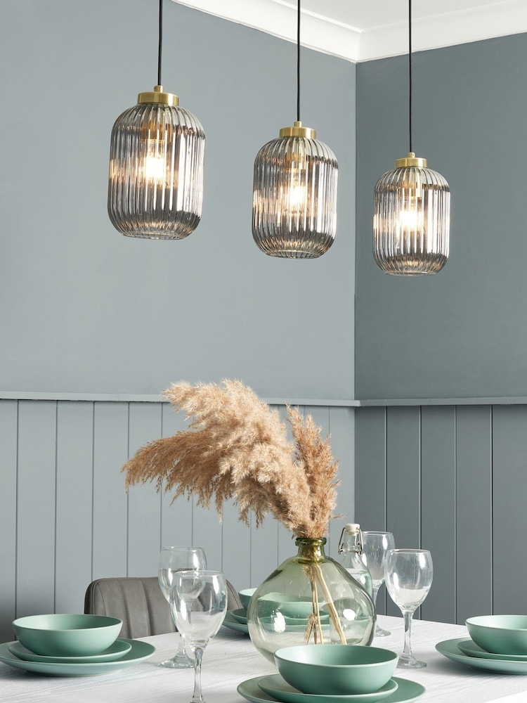 BHS Satin Brass Lyna Smoke Glass 3 Light Linear Pendant Bar Ceiling Light - Image 1 of 7
