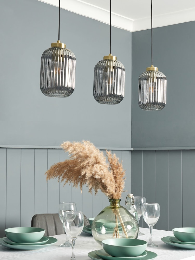 BHS Satin Brass Lyna Smoke Glass 3 Light Linear Pendant Bar Ceiling Light - Image 2 of 7