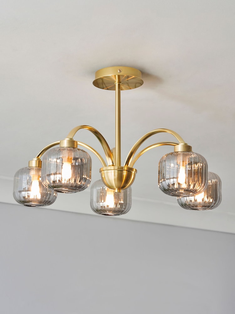 BHS Satin Brass Lyna Smoke Glass 5 Light Ceiling Light - Image 1 of 1